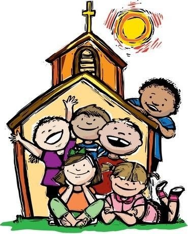 Tegning af kirke med børn i kirken