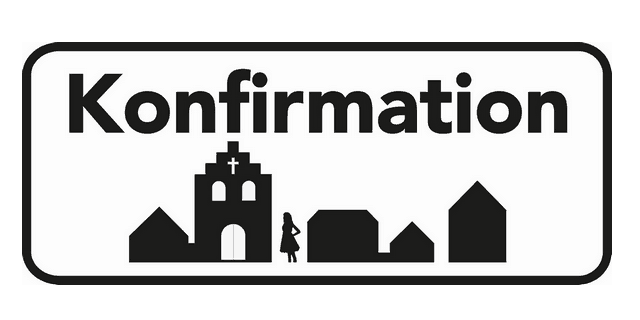 Byskilt som konfirmationsskilt med kirke, konfirmand og by